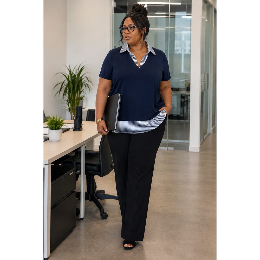 Adrianna Papell 1X Navy Layered Look Blouse Career Top Striped Collar Plus Size